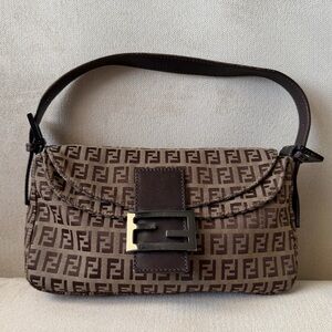 Fendi Zuchino Double Flap Brown Baguette Shoulder Bag